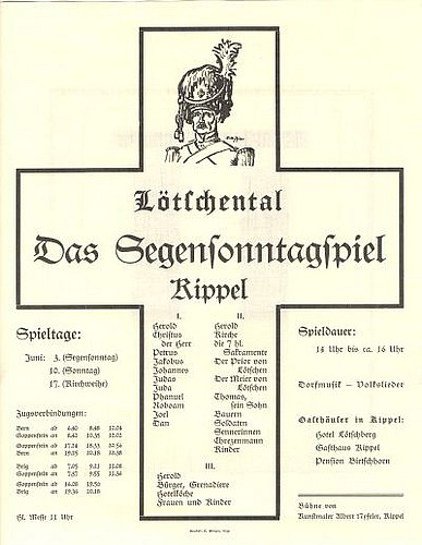 Kleinplakat für "Das Segensonntagspiel" 1934 in Kippel, gedruckt bei Mengis in Visp. Die Aufführungen fanden am Segensonntag, am Sonntag darauf sowie an der Kirchweih (17. Juni 1934) statt. Schenkung Franz Rieder, Kippel.