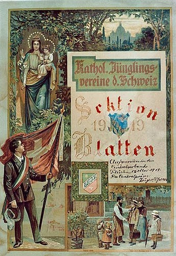 "Katholischer Jünglingsverein der Schweiz Sektion Blatten", 1919. Gerahmtes Plakat, gedruckt und mit handschriftlichen Einträgen. Depositum Pfarrei Blatten.