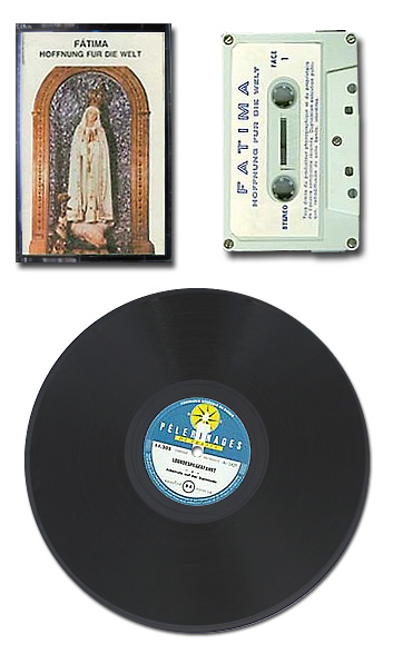 Schallplatte mit Tondokumenten vom Pilgerort Lourdes sowie Tonbandkassette (Compact Cassette) „Hoffnung für die Welt“ aus Fatima. Schenkung Hedwig Ebener, Kippel.