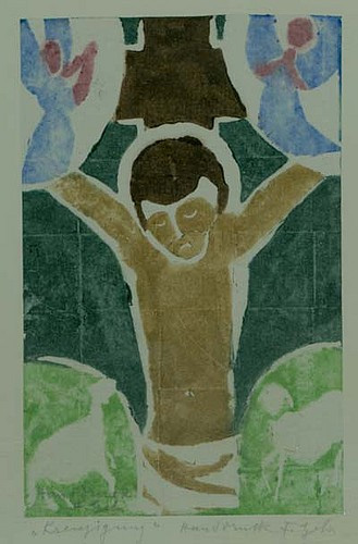 Ferdinand Gehr (1896-1996): "Kreuzigung", Farbdruck, um 1950. Herkunft: Pfarrhaus Wiler. Depositum Pfarrei Wiler.