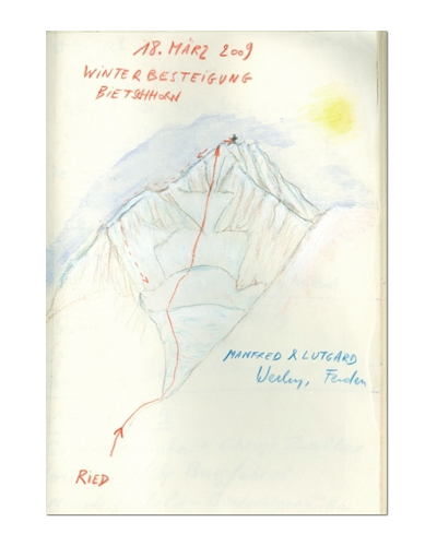 Gipfelbuch vom Bietschhorn, 2004-2012, Depositum Bergführerverein Lötschen. Das leinengebundene Buch wurde anlässlich der Kreuzsetzung vom 17. Juli 2004 (4. Gipfelkreuz) eröffnet. Der letzte Eintrag erfolgte am 1. August 2012.