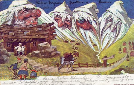 „Walliser Bergriesen Breithorn und Genossen“, Bergpostkarte nach einer Zeichnung von Emil Nolde, 1894. Auf der Karte hat sich der Künstler selbst verewigt. Sie zeigt ihn, wie er die Fafleralp verlässt, um nach St. Gallen zu gelangen, wo er als Zeichenlehrer tätig ist. Bei dieser Karte handelt es sich um eine der frühesten von Emil Noldes berühmten Bergpostkarten. Entstanden ist sie wohl unmittelbar nach Noldes Lötschental-Aufenthalt.