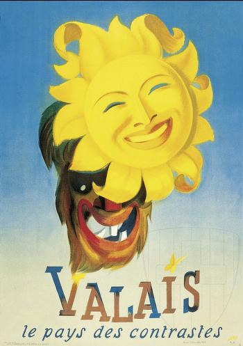Touristisches Werbeplakat, Farblithographie, entworfen von Herbert Libiszewski (1897-1985) im Auftrag des Walliser Verkehrsverbandes.