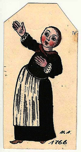 Hedwig Anneler (1888-1969): Farbige Federzeichnung eines Mädchens, abgezeichnet von einem Votivbild von 1766 in der Kühmattkapelle.