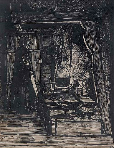 Karl Anneler: „In der Küche“, Feder-Tusche-Zeichnung, um 1915.