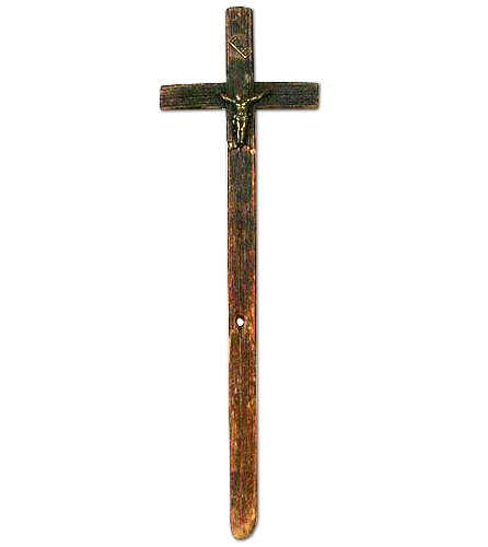 Ablasskreuz von der Faldumalp, Gemeinde Ferden, Holzkreuz mit kleinem, gegossenem Metallkorpus, Kreuzstamm 37 cm, Kreuzbalken 11 cm, Depositum Faldum-Kapelle, Ferden.