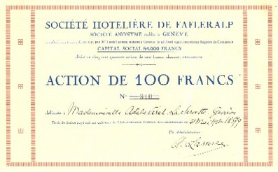 Aktie Nr. 310 der AG des Hotels Fafleralp, ausgestellt am 31. Mai 1923.