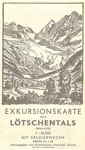Exkursionskarte des Lötschentals, herausgegeben vom Verkehrsverein Lötschental, 1947, Schenkung Robert Neukomm, Schaffhausen / André Murmann, Kippel.