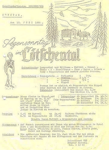 Flugblatt für eine "Gesellschaftsreise" der drei Bahngesellschaften SBB, EBT und VHB. Die Reise führte zur Segensonntag-Prozession vom 12. Juni 1955 im Lötschental.