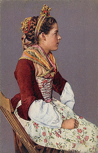 Kolo­rier­te Ansichts­kar­te „Braut aus dem Löt­schen­tal“, Ver­lag Wehr­li, Kilch­berg-Zürich, um 1900, Samm­lung Löt­schen­ta­ler Muse­um.
