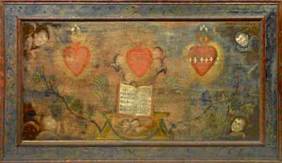 Antependium mit Darstellungen von Herz Jesu und Herz Mariae, ursprünglich in der Pfarrkirche von Kippel, zweite Hälfte 19. Jahrhundert, bemalte Tannenholzbretter in bemaltem Holzrahmen, 91 x 155 cm, Depositum Pfarrei Kippel.