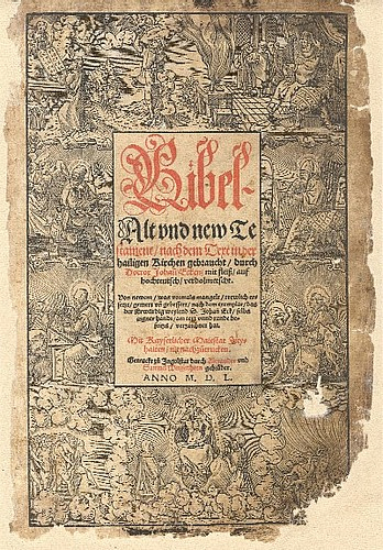 Bibel, gedruckt 1550 in Ingolstadt, Altes und Neues Testament, zahlreiche illustrative Holzschnitte, Ledereinband, Geschenk Xaver, Josef und Moritz Siegen, Ried, 2004.