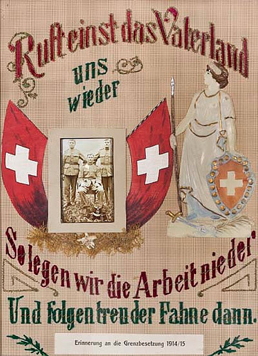 Gesticktes Erinnerungsbild an den Militärdienst von Cletus, Fridolin und Johann Ebener aus Kippel. Schenkung Marianne und Pius Bellwald-Ebener, Kippel.
