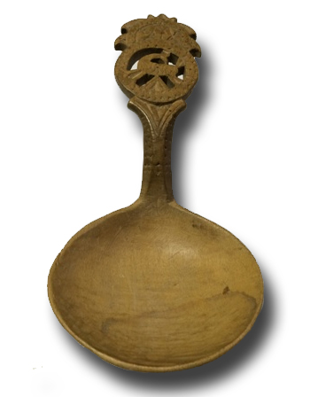 Milch- oder Rahm­löf­fel (Suif­lef­fel), Ahorn­holz, Durch­mes­ser 9 cm. Ehe­ma­li­ge Samm­lung Albert Nyfel­er, Kip­pel.