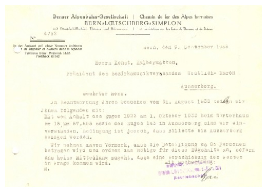 Schreiben der "Berner Alpenbahn-Gesellschaft Bern-Lötschberg-Simplon" vom 9. September 1933 an den Präsidenten des Bezirksmusikverbandes Westlich-Raron.