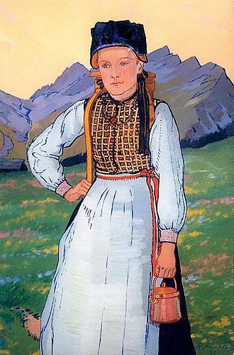 Karl Anneler (1886-1957), Sennerin auf einer Alp im Lötschental, Hinterglasmalerei, 1921, Sammlung Lötschentaler Museum.