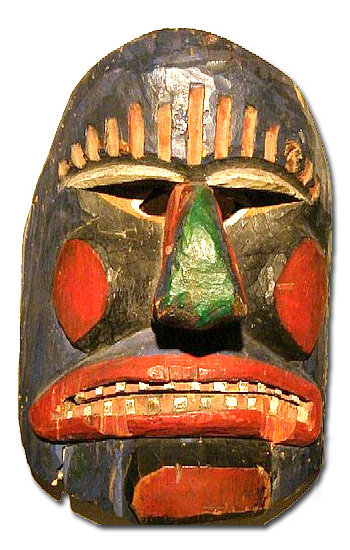 Geschnitzte Holzmaske, von Kunstmaler Albert Nyfeler bemalt. Die kräftigen Farben und klaren Linien der Maske erinnern an die ungemischten Farben, wie sie für gewisse Vertreter des Expressionismus typisch waren.