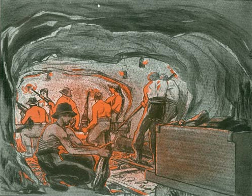 Mineure bei der Durchbohrung des Lötschbergtunnels, Titelillustration der Broschüre „Il traforo delle Alpe Bernesi per la Ferrovia del Lötschberg“, gemalt von Paul Kammüller (1885-1946), Kunstmaler und Grafiker. Schenkung BLS.
