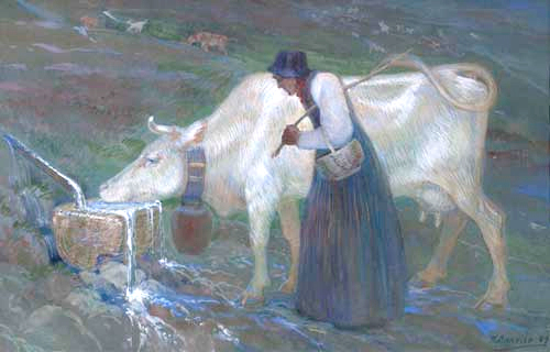 Karl Anneler (1886-1957): "Kuh an der Tränke", Aquarell, 1909.