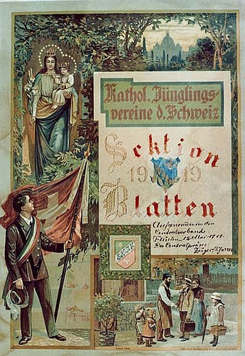 "Katholischer Jünglingsverein der Schweiz Sektion Blatten", 1919. Gerahmtes Plakat, gedruckt und mit handschriftlichen Einträgen. Depositum Pfarrei Blatten