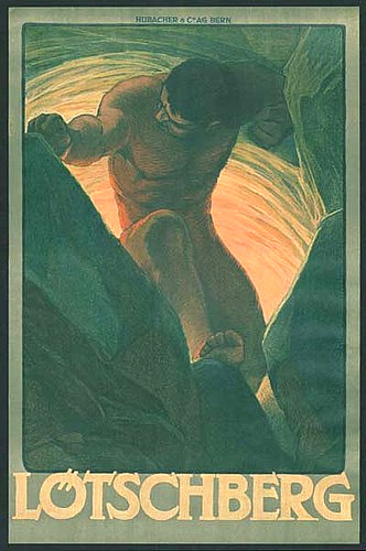 Grossformatiges Plakat "Lötschberg", Farblithografie, 113 x 75 cm, gedruckt bei Hubacher & Cie AG in Bern. Künstler unbekannt.