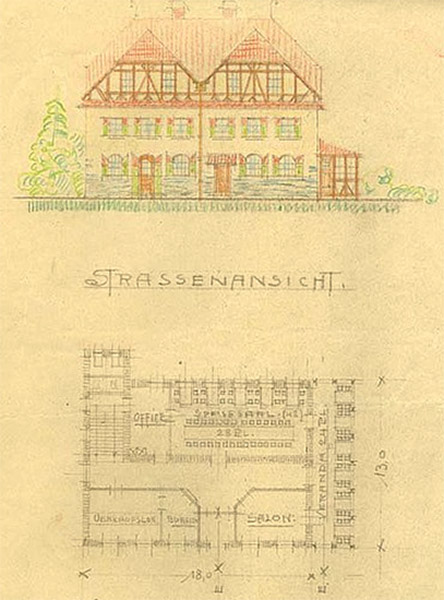 Pläne für den Bau des Hotels Lötschberg in Kippel, 1907: Planskizze und Grundriss des Erdgeschosses im Massstab 1:200. Ausschnitt aus einem Konvolut von insgesamt 14 Plänen. Depositum Beat Kluser, Kippel.