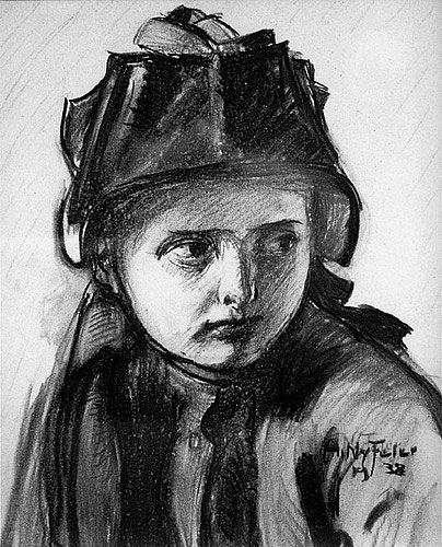 Albert Nyfeler (1883-1969), „Klari von Kippel“, Porträt eines Lötschentaler Mädchens mit Trachtenhut, 1938, Kohlezeichnung, Sammlung Lötschentaler Museum.