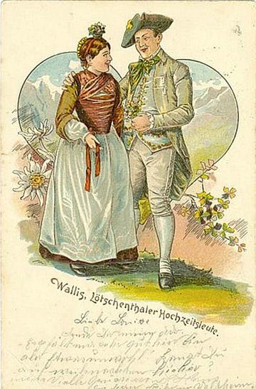 Postkarte "Wallis, Lötschenthaler Hochzeitsleute", abgestempelt 1901 in Veltheim.