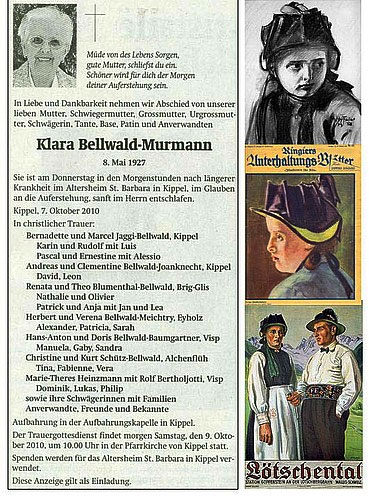 Todesanzeige in der Tageszeitung Walliser Bote vom 8. Oktober 2010 für Klara Bellwald-Murmann (1927-2010), Kippel (Abbildung links).