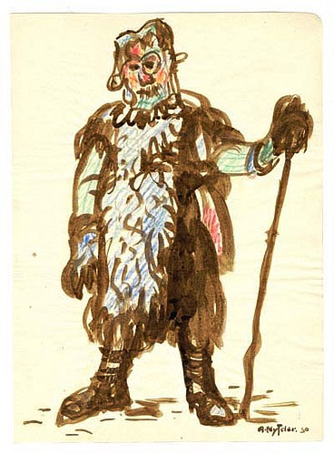 Albert Nyfeler (1883-1969), Kippel: Darstellung einer Tschäggätta-Figur, Aquarell und Farbstift, 1930.