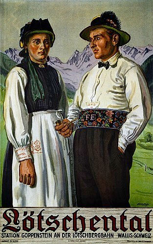 Werbeplakat für das Lötschental mit Paar in Sommertracht, im Hintergrund die Lötschenlücke, Farblithografie, gedruckt in Aarau nach einem Bild von Albert Nyfeler, 1946.