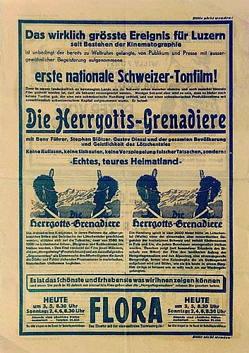 Werbeplakat für eine Vorführung des Films Die Herrgottsgrenadiere im Kino Flora in Luzern, Sammlung Lötschentaler Museum.