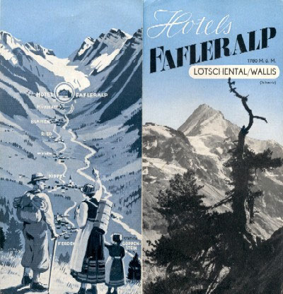 Werbeprospekt für die Hotels Fafleralp und Langgletscher auf der Fafleralp, achtseitiger Faltprospekt, viersprachiger Text, gedruckt 1944 bei Mengis in Visp.