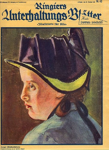 Titelbild der illustrierten Zeitschrift „Ringiers Unterhaltungs-Blätter“ vom 26. Oktober 1940. Für das von Albert Nyfeler gemalte Mädchenporträt „Junge Lötschentalerin“ sass die 1927 geborene Klara Murmann aus Kippel Modell.